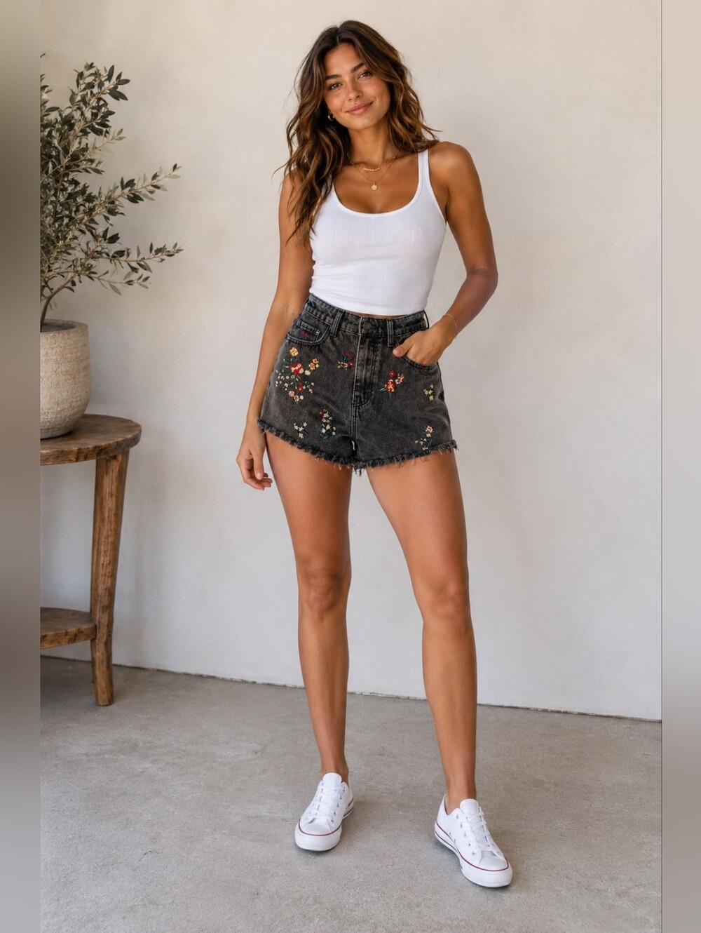 Indigo Rein Floral Embroidered Black Denim Shorts